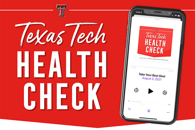 A mobile phone with the Texas Tech Health Check podcast showing