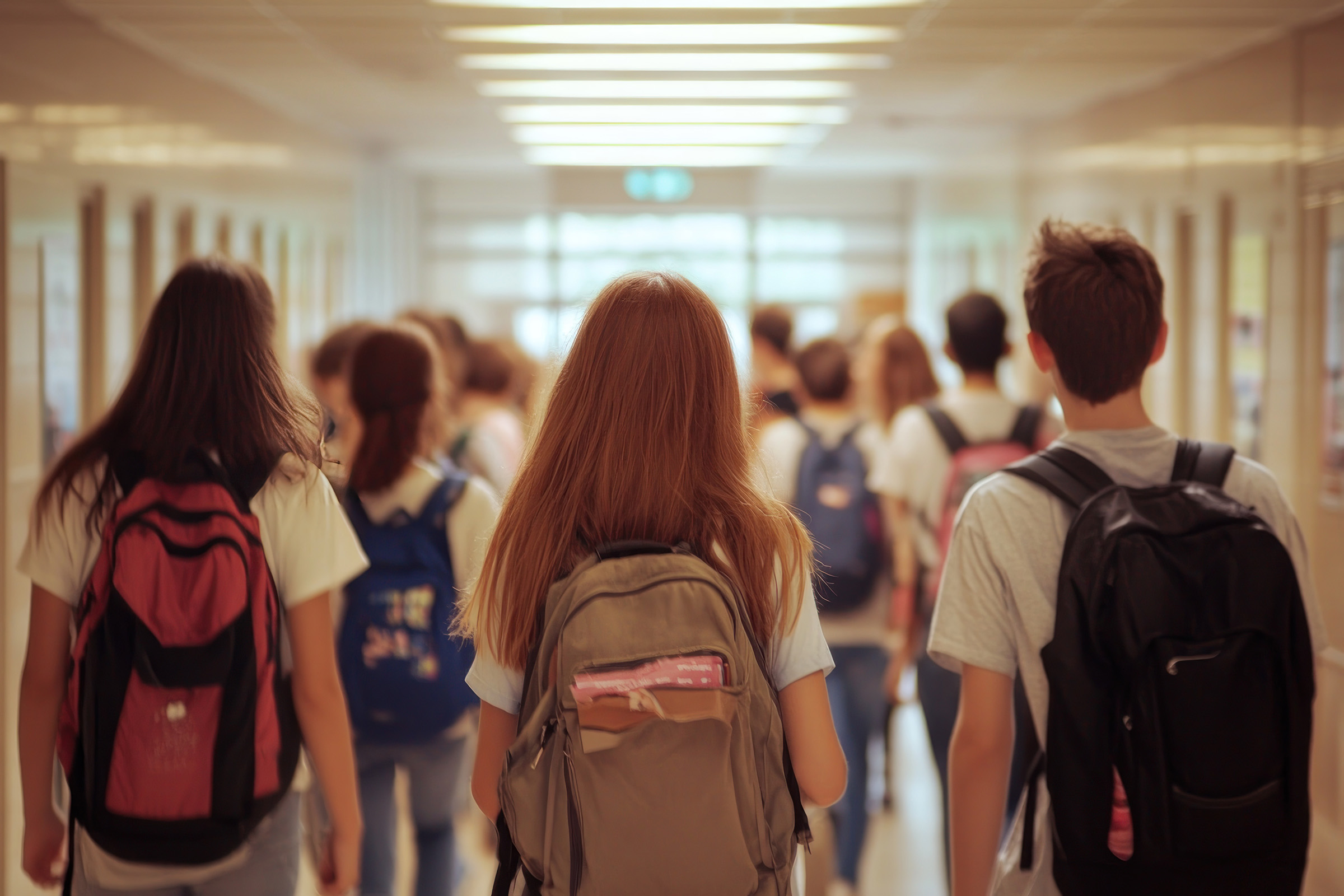 Young students walking down a school hallway with backpacks on in a crowd